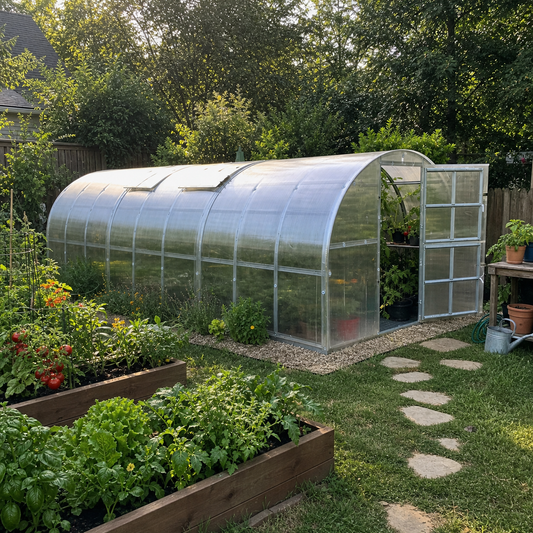The Classic 9.8 ft wide by 19.7 ft long twin-wall polycarbonate greenhouse with its door open beside raised vegetable beds in a backyard garden