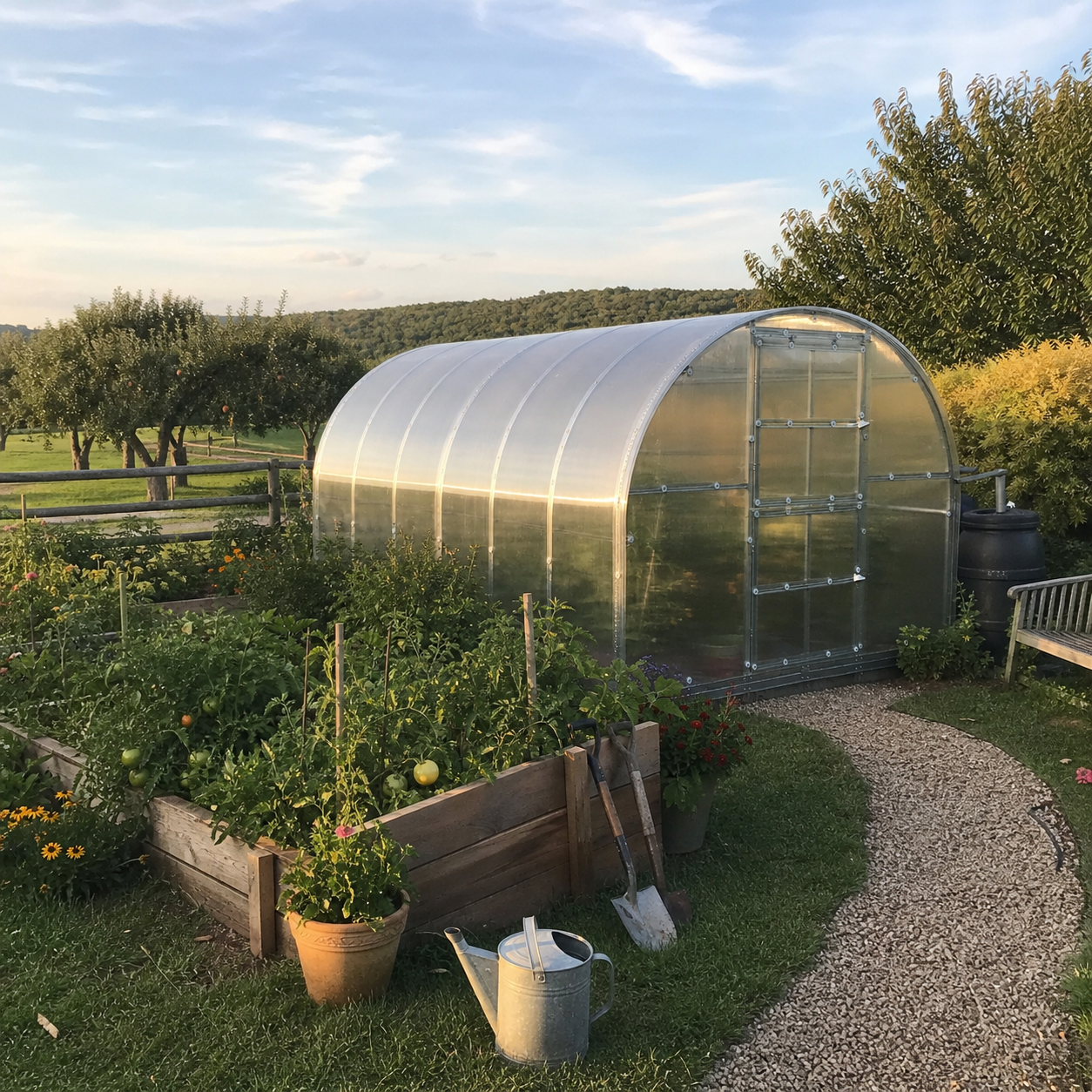 The Classic 9.8 ft wide by 13.1 ft long twin-wall polycarbonate greenhouse in a productive Pennsylvania garden