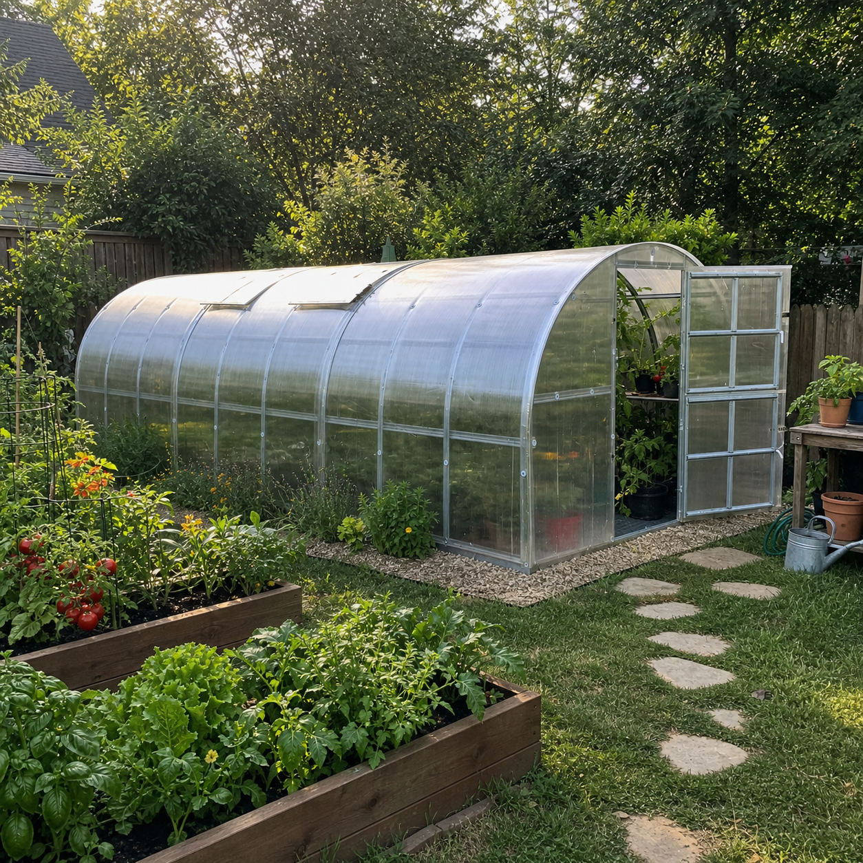 The Classic 9.8 ft wide by 19.7 ft long twin-wall polycarbonate greenhouse with its door open beside raised vegetable beds in a backyard garden