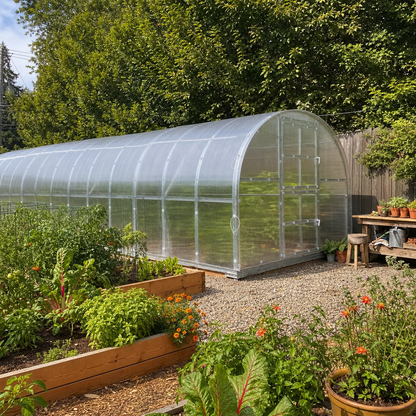 The Classic 9.8 ft wide by 26.2 ft long twin-wall polycarbonate greenhouse on a gravel base beside raised vegetable beds in a backyard garden