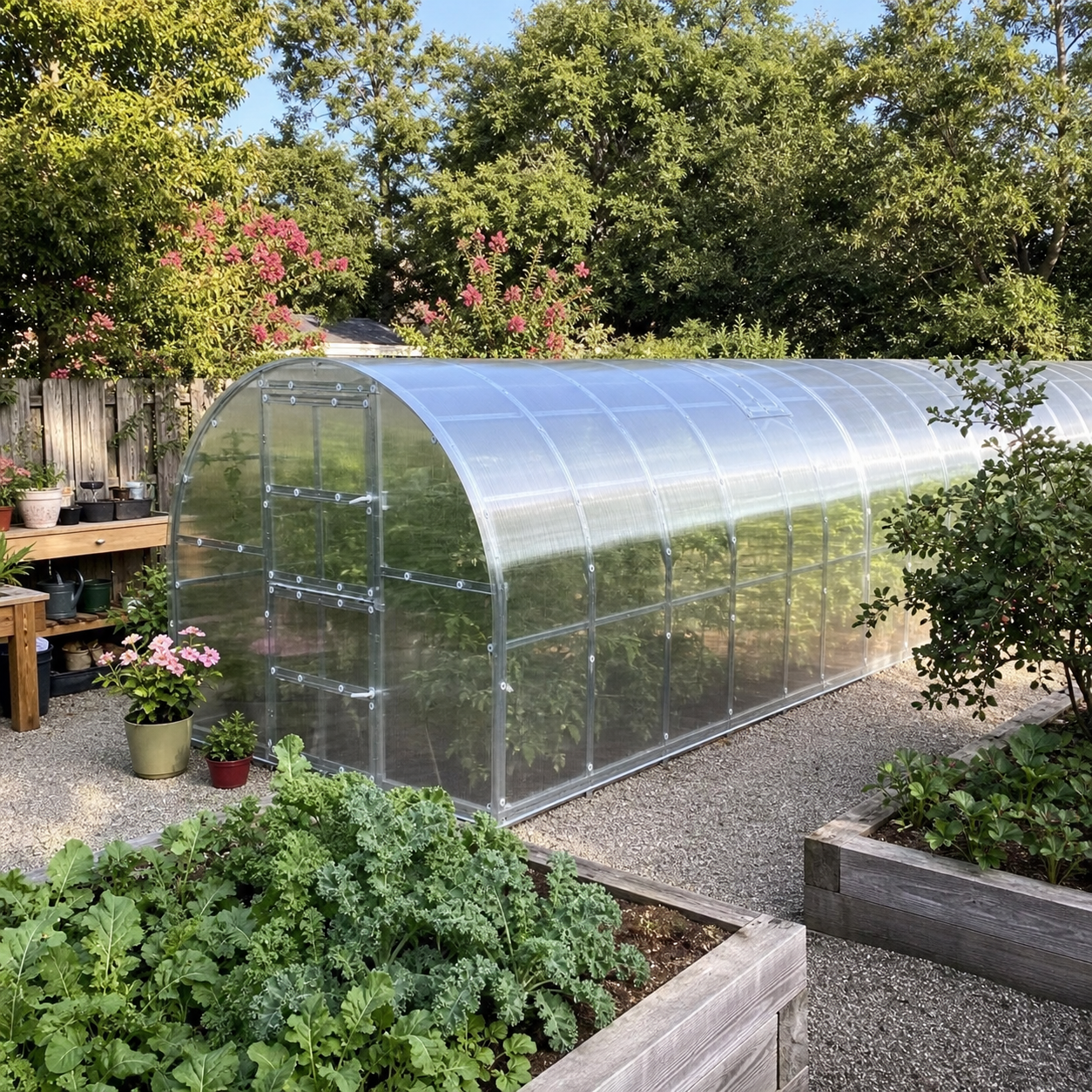The Classic 9.8 ft wide by 32.8 ft long twin-wall polycarbonate greenhouse running alongside raised garden beds and a potting bench